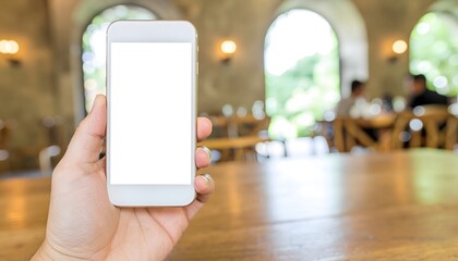 Focus on Firefly_Hand holding a classic candy-bar style cell phone with buttons, a smart device with a blank screen, interior background