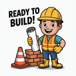 © Image Designer - A cheerful construction worker wearing a yellow hard hat, orange safety vest and boots, holding a rolled blueprint in one hand. Workers stand next to stacked bricks and a traffic safety cone.