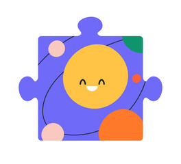 Wall Mural - puzzle element with smiling sun, planets in space, cosmos. jigsaw piece with cute funny happy cosmic