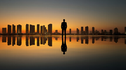 Wall Mural - Silhouette of tall figure stands against vibrant sunset, reflecting on calm waters. skyline features modern buildings, creating serene and contemplative atmosphere