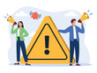 © Bramanart - Important announcement, attention or warning information concept. Business people announce on megaphone with attention exclamation. Breaking news or urgent message communication. Vector illustration.