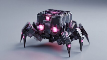A dark, cubic, spider-like robot with pink glowing lights on its face and legs, stands on a light gray surface against a muted background.  Its body is composed of many small, dark rectangular blocks
