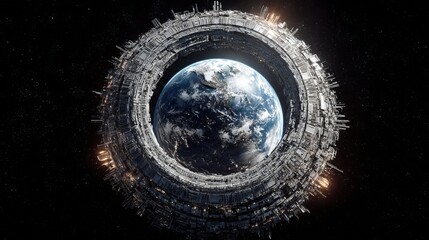 Wall Mural - Futuristic space station encircles glowing Earth, showcasing advanced civilization and cosmic exploration