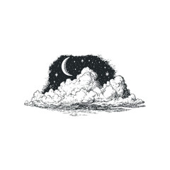Wall Mural - Intricate Ink Drawing of Crescent Moon and Stars Above Textured Clouds