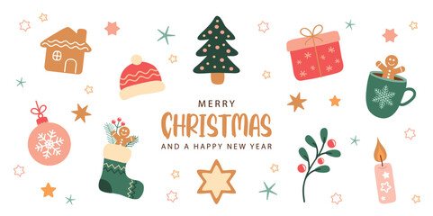 Wall Mural - cute christmas greeting card with decoration winter elements isolated vector illustration