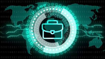 Teal Digital Network with Briefcase Icon and Binary Code World Map business global