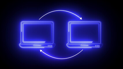 Two blue neon laptops with circular arrows indicating data transfer on a black background computer technology