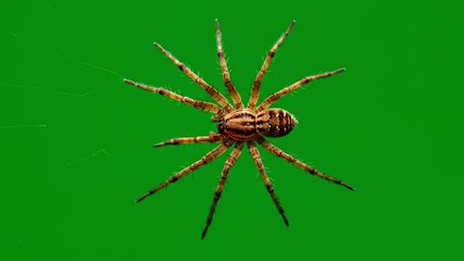 A spider with a distinct pattern hanging on its web against a solid green background, perfect for nature and wildlife themes.
