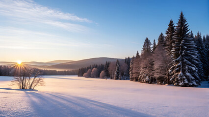 Majestic sunrise in the winter mountains landscape, winter landscape in the mountains