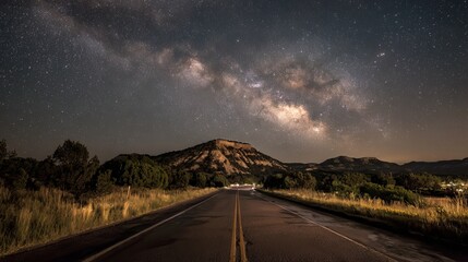 Wall Mural - Vast Milky Way galaxy illuminates desert highway leading towards majestic mesa under starry night sky