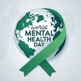 World mental health day awareness ribbon wrapped around a globe symbolizing global mental well being support