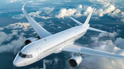 Wall Mural - a large white airplane flies through a cloudy sky, ideal for aviation or travel-related projects