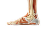 Side view of human foot and ankle anatomy showing bones, muscles, tendons in detailed cross-section, isolated on a transparent background