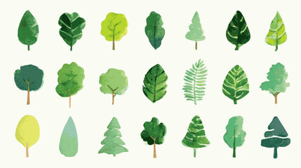 A collection of trees in various sizes and shapes. The trees are all green and are painted in watercolor. Concept of nature and tranquility