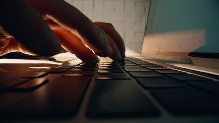 Wall Mural - Closeup worker fingers typing keyboard laptop making online research working