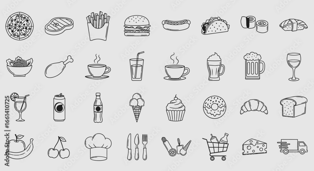 A collection of line art illustrations depicting various food and beverage items, arranged in rows.