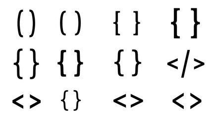 Modern coding symbols, brackets, and parentheses collection for digital design and development projects.