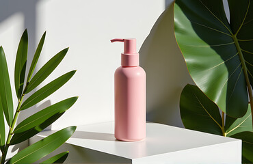 Wall Mural - vibrant pink pump bottle stands atop sleek minimalist counter surrounded lush greenery soft natural light subtle