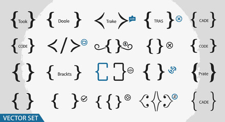 A vector graphic set showcasing various curly braces, angle brackets, and other coding symbols.