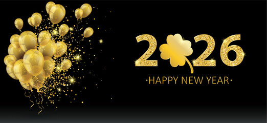 Wall Mural - Golden Balloons Particles 2026 Shamrock New Year Black