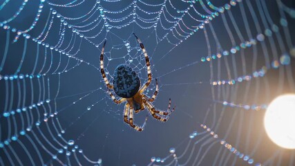 AI-generated closeup of a spider hangs on a detailed web adorned with sparkling water droplets