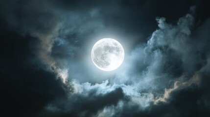 Full moon with clouds atmospheric background, glowing moon surrounded by drifting clouds, minimalist aesthetic