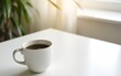 © yang - A peaceful morning scene with a white mug of black coffee and soft light illuminating a white table. High quality