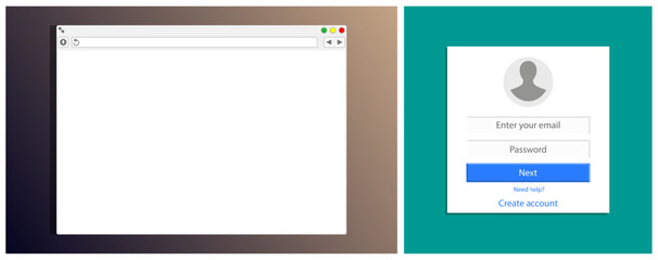 Empty browser window and login form. User interface design element for web page with authorization or registration.