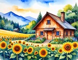 Drewniana chata otoczona kwitnącymi słonecznikami. Wokół pola i góry. Ilustracja, grafika