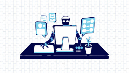 Illustration of a robot working at a desk with a computer and speech bubbles on a brick background silhouette