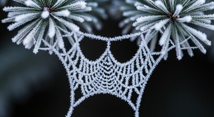 Photo of a delicate spiderweb covered in sparkling frost hangs between pine needles, showcasing intricate patterns and details in a closeup winter macro shot