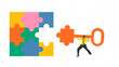 © master1305 - Colorful collage with businessman carrying puzzle piece key for missing gap in colorful board. Concept of strategy fit, solution finding, analysis, leadership, and unlocking growth.