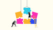 © master1305 - Digital composition of teamwork assembling giant puzzle pieces with ladder and coordination. Concept of construction, modular systems, problem solving, company building, and planning.