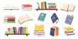 © Ukio.stock - Cartoon books and school textbooks with bookmark, reading literature concept, stacked and open and stack book, library and bookshelf elements, study and education design. Vector isolated set
