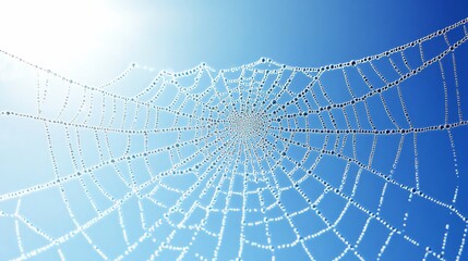 Sparkling spiderweb glistens with dewdrops against a clear blue sky, delicate and intricate design in nature