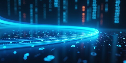 Digital data transfer and futuristic technology background with glowing blue lines and cyber streaming binary code