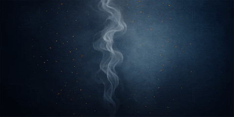 A vibrant celestial cloud of blue and white smoke drifts through the abstract dark space, a foggy explosion of light against the black night