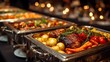 © horizon - Beautiful catering buffet line with stainless steel chafing dishes is filled with delicious roasted vegetables and potatoes at an elegant evening social event.