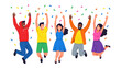© abidakhatun - Joyful Celebration Illustration: A lively illustration portrays a diverse group, enthusiastically jumping with arms raised amidst a cascade of colorful confetti.
