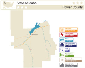  Detailed infographic and map of Power County in Idaho USA.