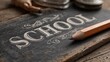 © Fatima Design - Vintage chalkboard with ornate handwritten 'SCHOOL' text and pencil, symbolizing education, back - to - school and classroom nostalgia.