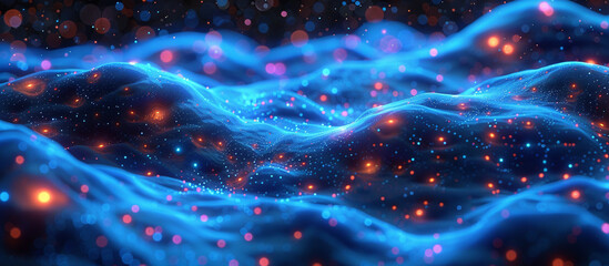 Glowing blue waves with particles on dark bokeh background