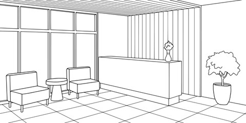 Reception in the office room graphic black white interior sketch illustration vector 