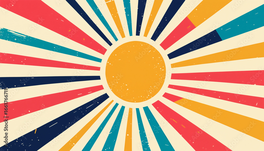 retro sunburst background with a textured yellow sun and bold radiating ...