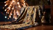 © Gao - Elegant embroidered fabric draped over a wooden chair with fireworks in the background