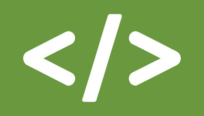White Code Symbol Icon on Green Background, Flat Vector Illustration Representing Programming, Web Development, HTML Tags, and Software Coding Concept for Tech Design.