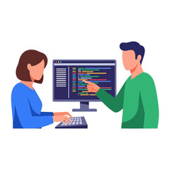 Collaborative Coding: A collaborative image shows two individuals engrossed in programming on a computer, each contributing their expertise, with focused concentration.