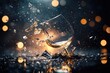© Thanapong - Broken wine glass shatters on sleek surface, with shards scattering around. warm glow of bokeh lights creates dramatic and emotional atmosphere, enhancing scene intensity