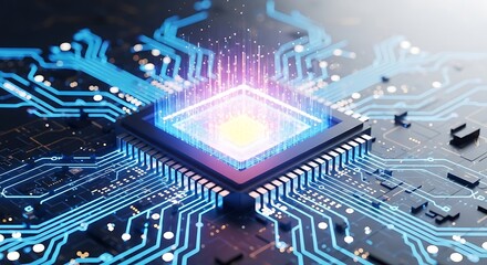 Closeup of a glowing central processing unit cpu on a circuit board