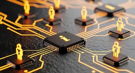 Closeup of a computer chip with glowing orange connections on a circuit board